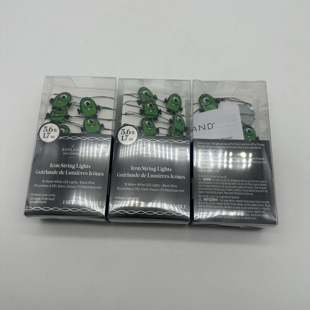 Lot of 3 Ashland Halloween Green Monster Icon String Lights New